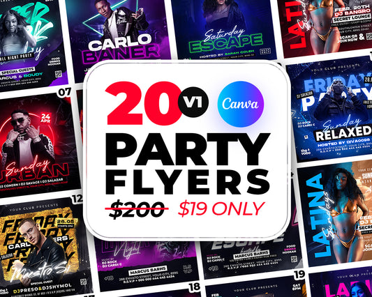 20 Party Flyers Bundle, Editable Canva Templates V1