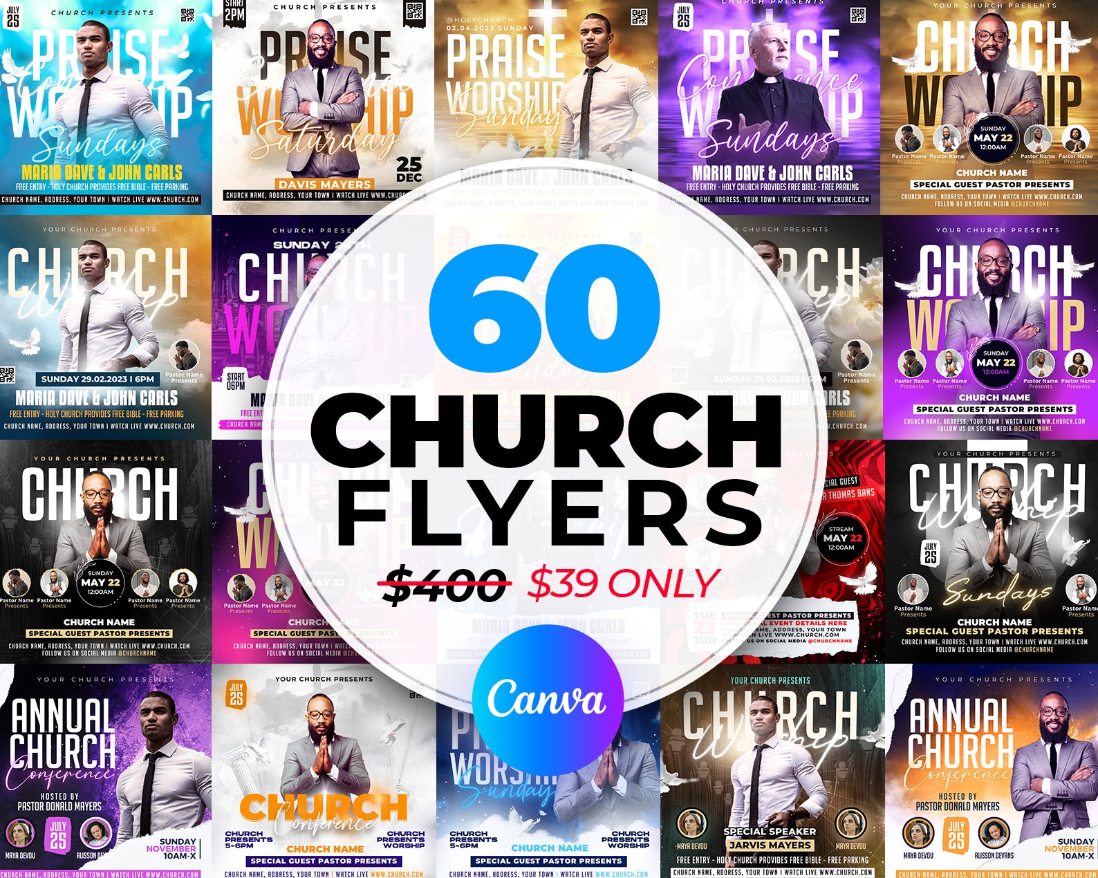 60 Church Flyers Bundle, Editable Canva Templates