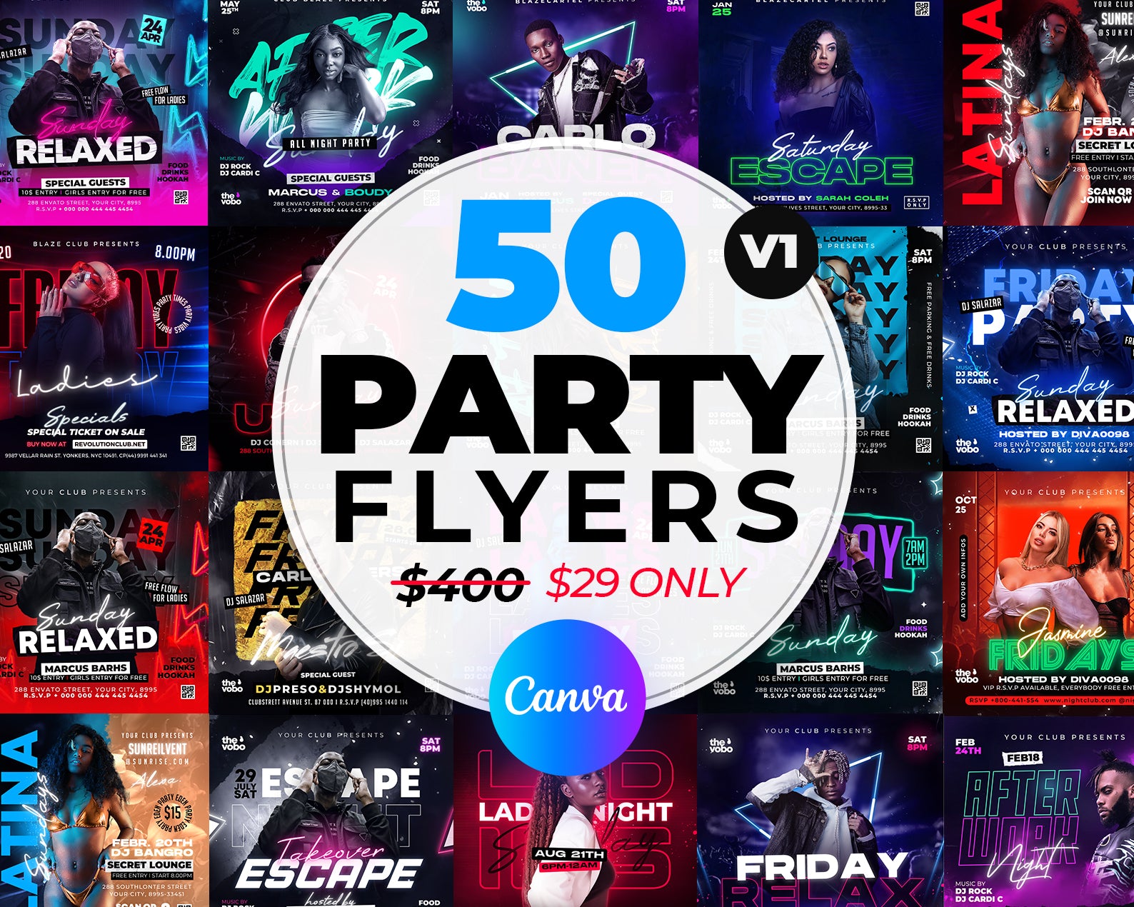 50 Party Flyers Bundle, Editable Canva Templates V1
