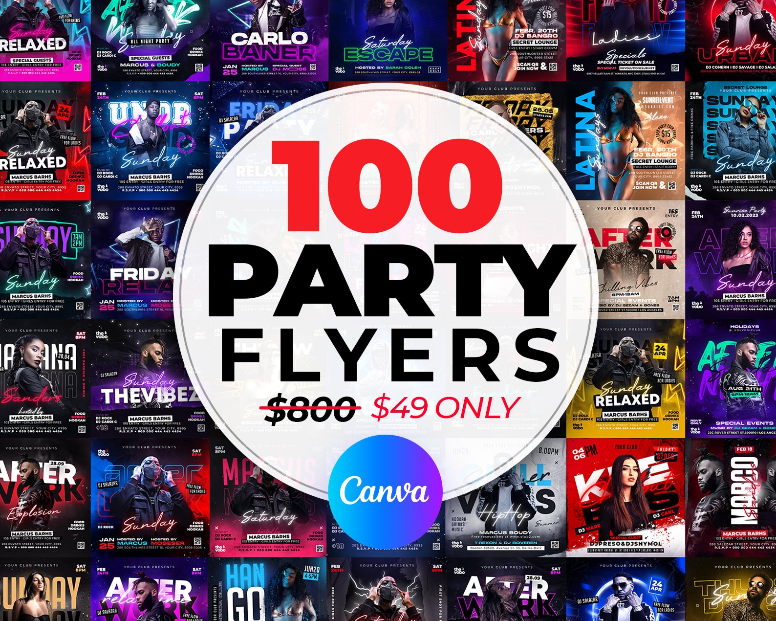 100 Party Flyers Bundle, Editable Canva Templates