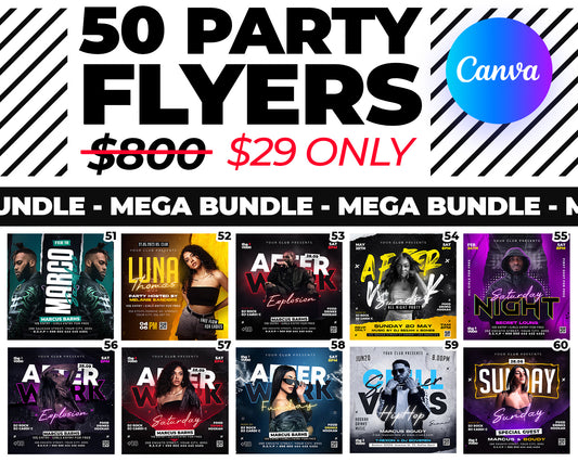 50 Party Flyers Bundle, Editable Canva Templates V2