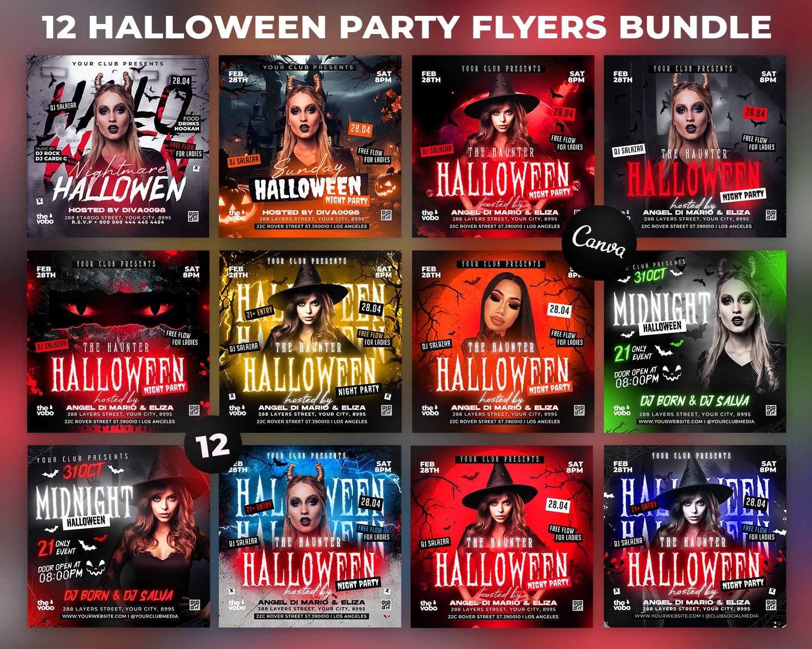 12 Halloween Party Flyers, Canva Templates